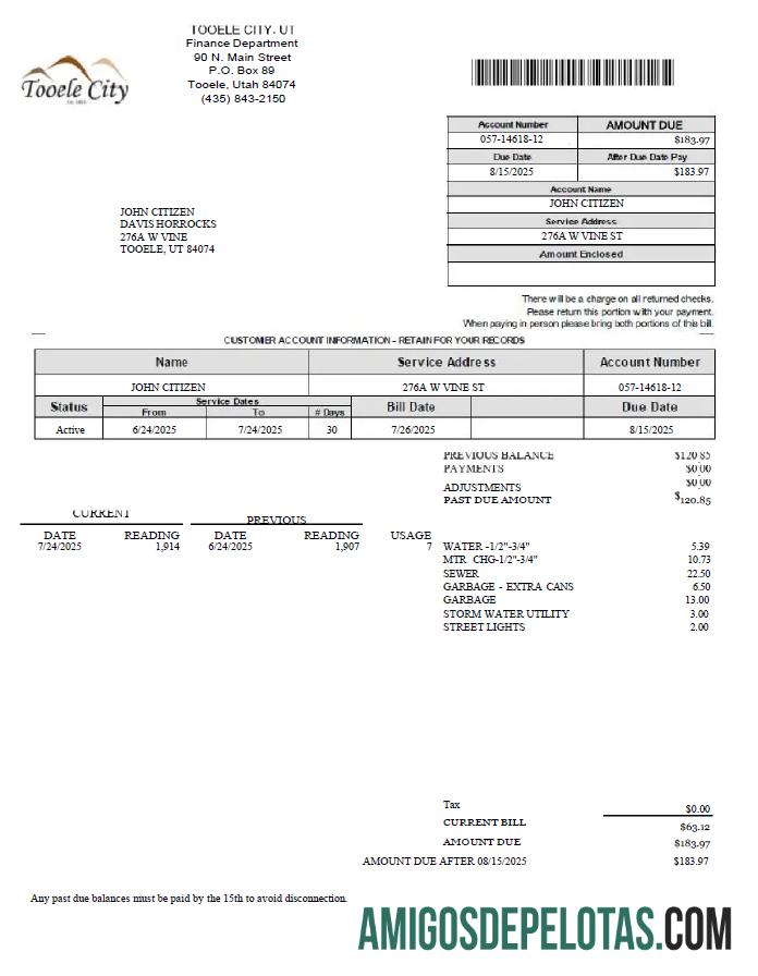 Em branco modelo de conta de serviços públicos da cidade de Tooele nos EUA em formatos Word e PDF